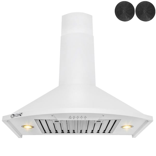 AKDY 30 in. 343 CFM Convertible Wall Mount White Painted Stainless Steel Kitchen Range Hood with Carbon Filters and LEDs