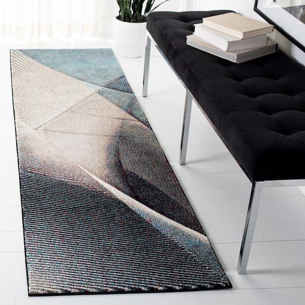 Hollywood 2 ft. x 10 ft. Beige/Blue Striped Abstract Runner Rug