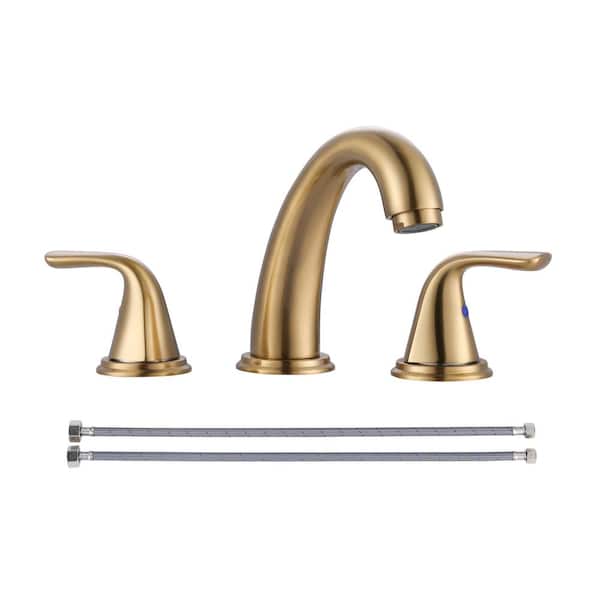 IVIGA 8 in. Widespread Double Handle High Arc Bathroom Faucet with Pop Up Drain Kit and Supply Lines in Gold