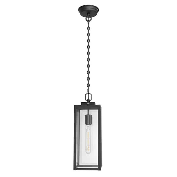 18 in. 1-Light Black Outdoor Motion Sensing Pendant Light with Glass, E26 Dusk-to-Dawn Hainging Light for Porch