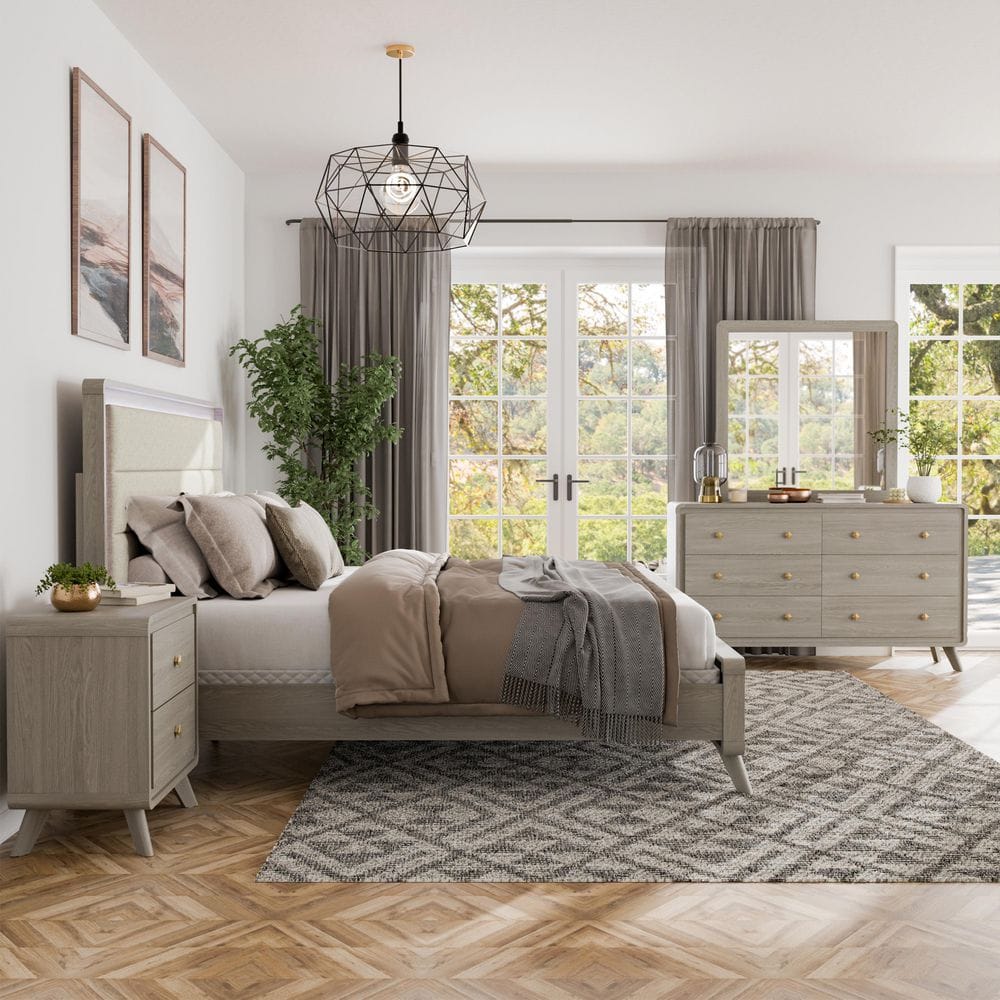 Sander 4-Piece Modern Gray Wood King Panel Upholstered Bedroom Set with Nightstand and Dresser/Mirror price history on PriceWatchPro