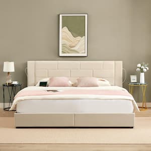 Upholstered Bed Beige Metal Frame King Platform Bed with USB Charging, Drawers and No Boxspring Needed, Easy Assembly