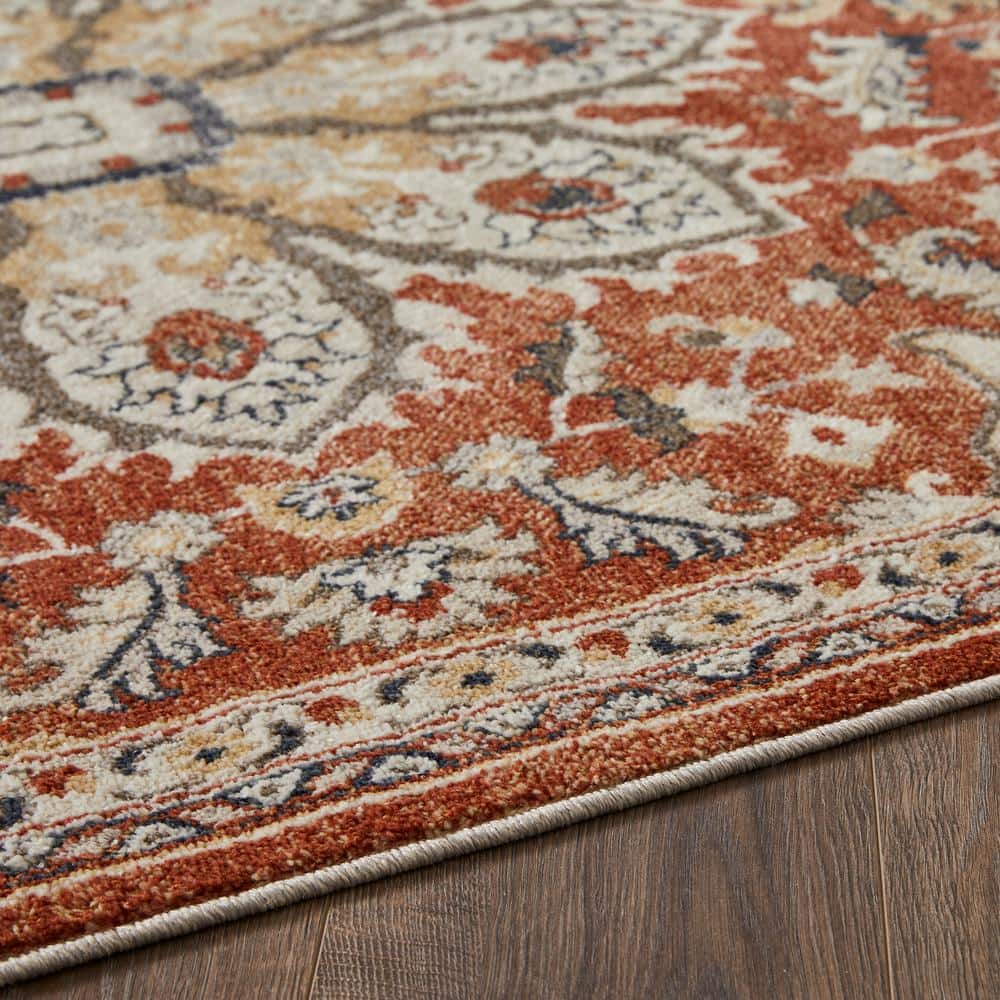 Red and Beige 4' x 6' Synthetic Oriental Area Rug