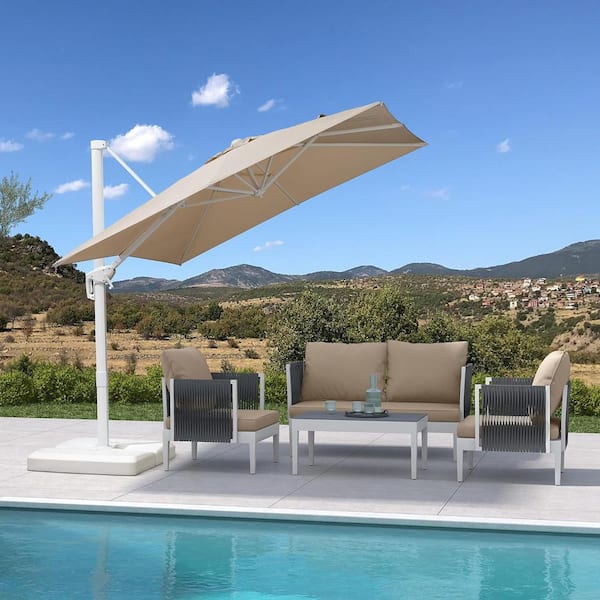 PURPLE LEAF 8 ft. Square Outdoor Patio Cantilever Umbrella White Aluminum Offset 360° Rotation Umbrella with Base, Beige
