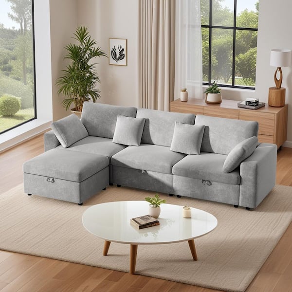 Will 118 in. Velvet Fabric L-Shaped Sectional Sofa in. Gray with Storage Ottoman, Removable Pillows