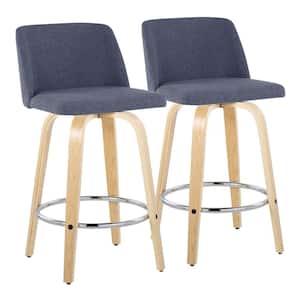 Toriano 25.5 in. Blue Fabric, Natural Wood and Chrome Metal Fixed-Height Counter Stool (Set of 2)