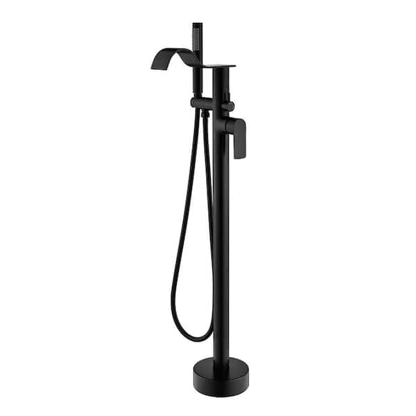 Single-Handle Freestanding Tub Faucet with Hand Shower Floor Mount Waterfall Bathtub Filler with Sprayer in Matte Black