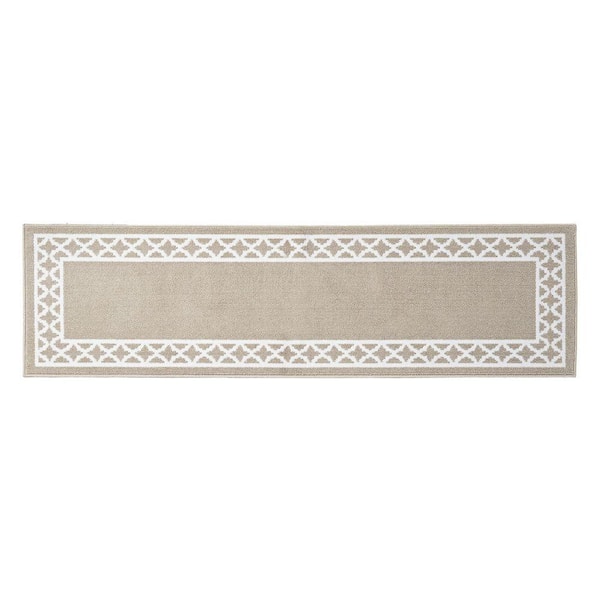 Washable Skid Resistant Beige /White 2.2 ft. x 8 ft. All Loop Tufted Area Rug
