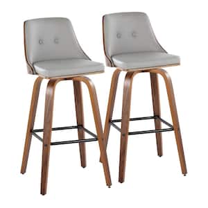 Gianna 29.5 in. Lt Grey Faux Leather, Walnut Wood and Black Metal Fixed-Height Bar Stool with Square Footrest (Set of 2)