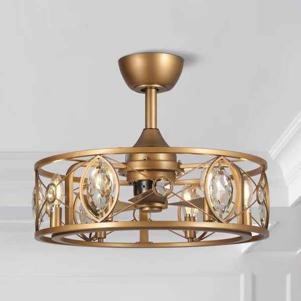 22 in. Indoor Brass Gold Crystal Caged Ceiling Fan Chandelier with Light Kit and Remote Control