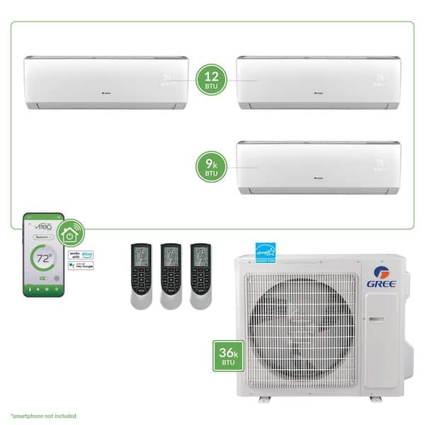 GREE Gen3 Smart Home Triple-Zone 34,000 BTU 3 Ton Ductless Mini Split Air Conditioner with Heat, Inverter, Remote - 230-Volt