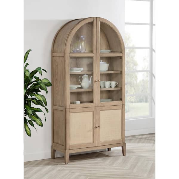 Kailani Beige Oak 82 in. Display Cabinet with Four Tiers of Shelving and Lower Two-door Cane