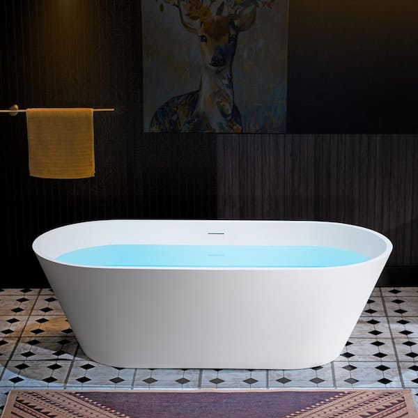 67 in. L x 30 in. W Luxury Solid Surface Stone Resin Freestanding Soaking Bathtub With Center Drain in Matte White
