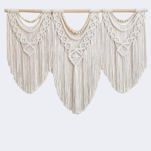 Large Macrame Wall Hanging-Boho Tapestry Wall Decor for Living Room & Bedroom (Beige-Wooden Bead), 43 in. x 32 in.