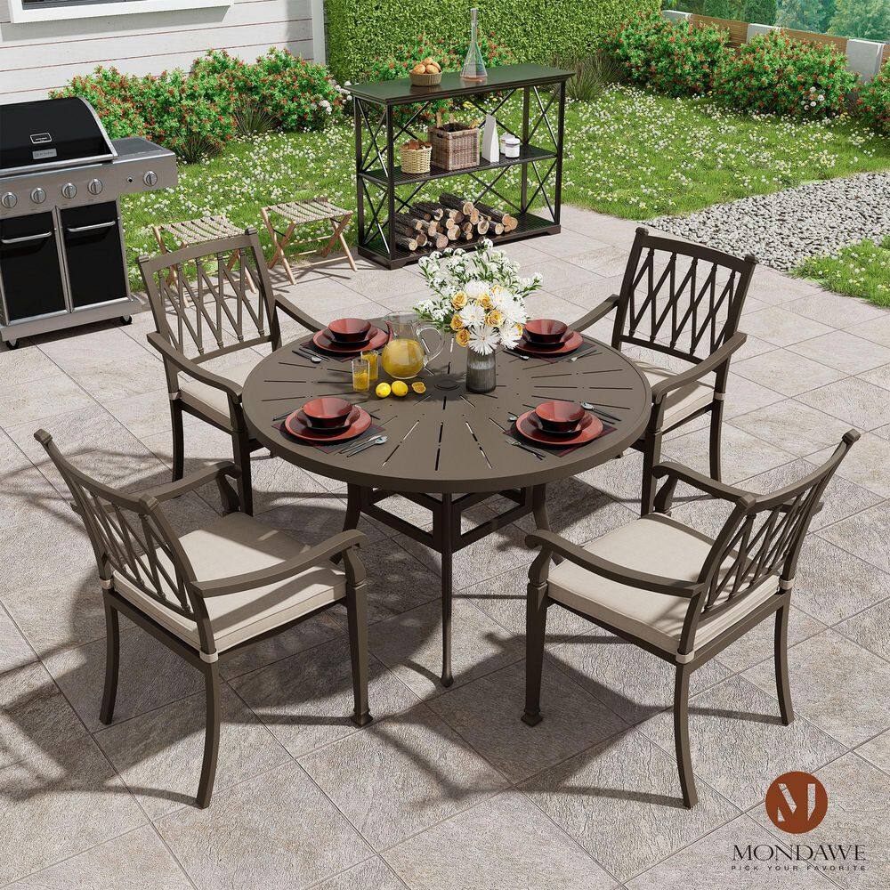 Beige Cushioned Cast Aluminum Outdoor Dining Chairs, Set of 4