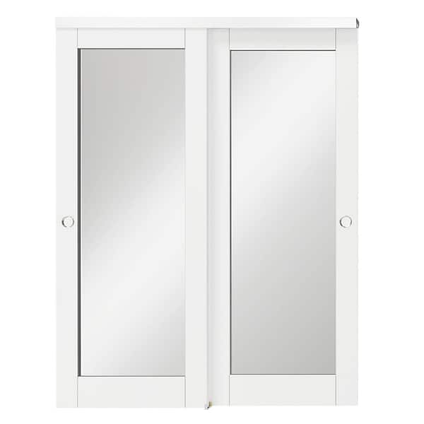 TENONER 64 in. x 80 in. (Double 32 in.) White MDF Wood, Solid Core 1-Lite Mirrored Glass Interior Door Slab with Bypass Hardware