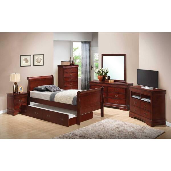 Louis Philippe Cherry Red Twin Trundle, Twin Bed With Trundle And Dresser Set