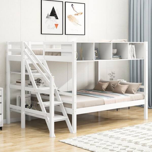 Qualler White Twin over Full Bunk Bed with Staircase and Built-in ...