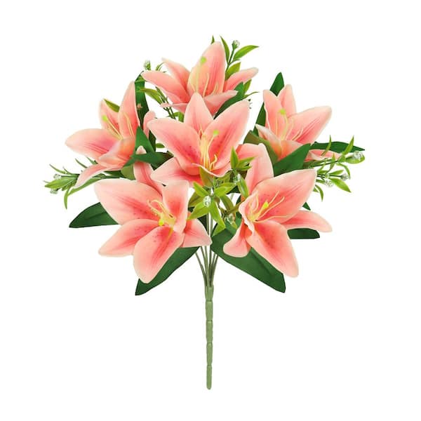 LIVING LUXURY 13 in. Coral Artificial Stargazer Lily Flower Stem Bush Bouquet (Set of 4)