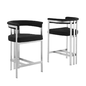 Riley 30 in. Black Color Low Back Metal Frame Matte Brushed Chrome Base Bar Stool With Boucle Fabric Set of 2