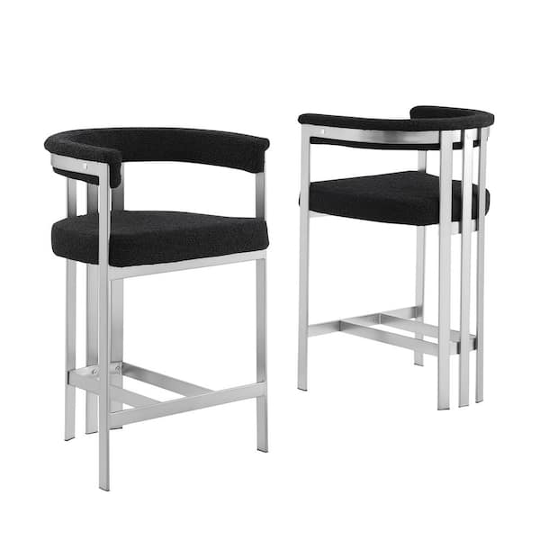Best Quality Furniture Riley 30 in. Black Color Low Back Metal Frame Matte Brushed Chrome Base Bar Stool With Boucle Fabric Set of 2