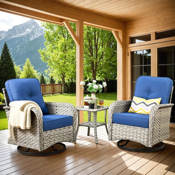 XIZZI Charlotte 3-Piece Wicker Outdoor Rocking Chair with Navy Blue Cushions