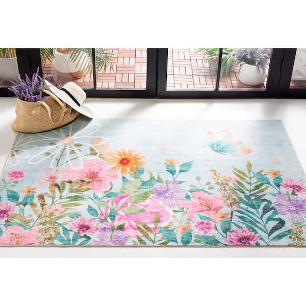 Door And Kitchen Mat Aqua/Pink 4 ft. x 6 ft. Machine Washable Floral Garden Area Rug