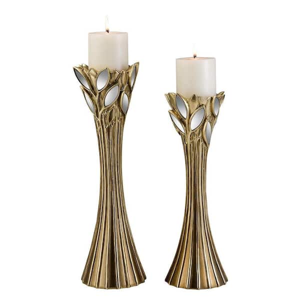 ORE International 14 in. and 16 in. Gold Finish GAIA Candle Holder Set with Glass Leaf