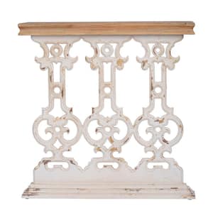 32 in. Brown and White Rectangle Wood Top Console Table with Scrollwork
