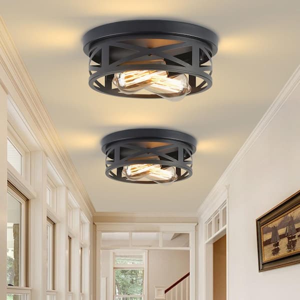 GMGSROM 10.8 in. 2-lights Matte Black Flush Mount Ceiling Light Fixtures With Cage-style Cross Metal Frame(2-Pack)