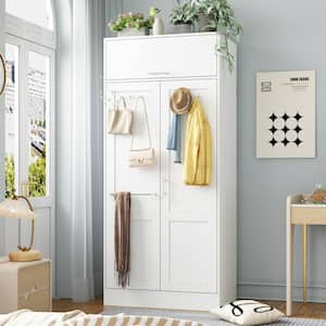 White Wood 31.5 in. W Bedroom Wardrobe Two-floor Space Armoire Closet Cabinet with Hooks, Hanging Rod, Storage Shelf