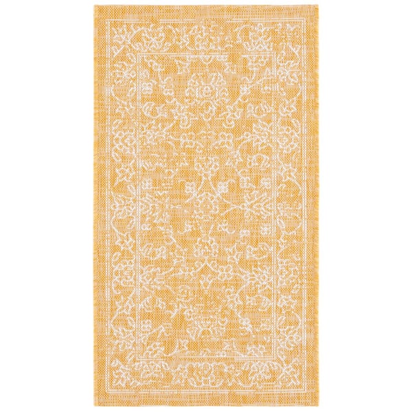 Courtyard Gold/Ivory 2 ft. x 4 ft. Border Floral Scroll Indoor/Outdoor Area Rug