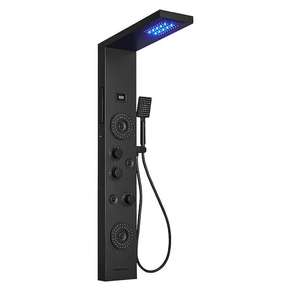 Dual 5-in.-1,4-Jet Shower Panel Tower System with Rainfall Waterfall Shower Head, and Massage Body Jets in Matte Black