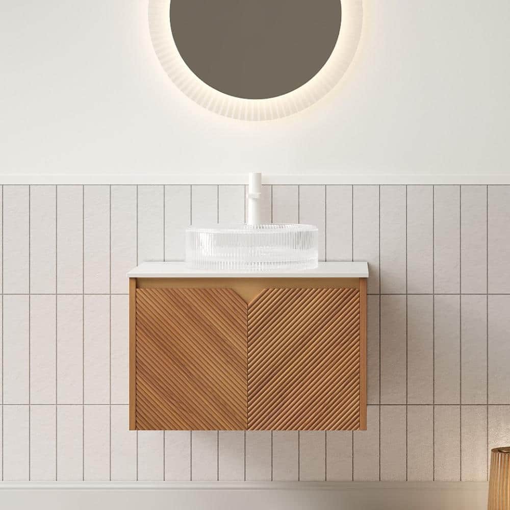 24 in. Floating Bathroom Vanity in Brown Oak Woodgrain with White Round Crystal Glass Sink price history on PriceWatchPro