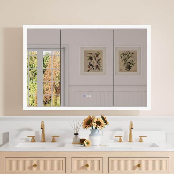 ANGELES HOME 48 in. W x 32 in. H Rectangular Aluminum Bath Medicine Cabinet with Mirror and Light, Anti-Fog, 3-Color, 3x Magnifier
