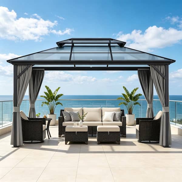 13 ft. x 10 ft. Polycarbonate Double Roof Hardtop Aluminum Gazebo with Curtains, Mosquito Netting and Ceiling Hook
