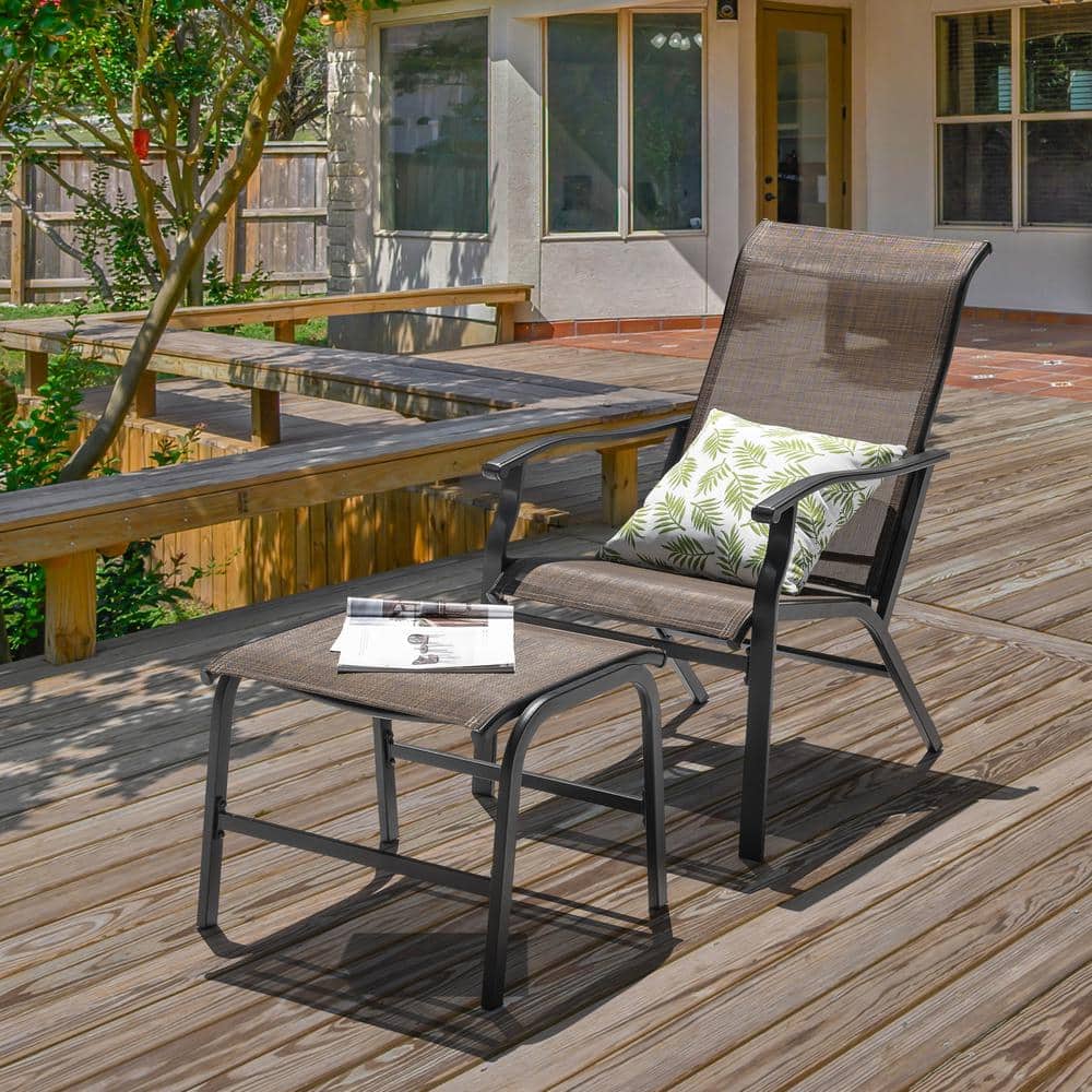 Black 2-Piece Textilene and Iron Metal Outdoor Chaise Lounge Chair with Armrests and Ottoman in Brown price history on PriceWatchPro