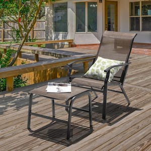 Black 2-Piece Textilene and Iron Metal Outdoor Chaise Lounge Chair with Armrests and Ottoman in Brown