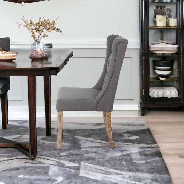 HomeRoots Tufted Gray And Brown Upholstered Linen Wing Back Side Chair