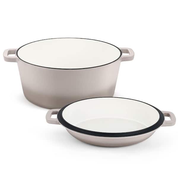 Sauce Pans 5 qt. Enameled Cast Iron Dutch Oven with Skillet Lid Khaki Round Nonstick Oven Safe Induction