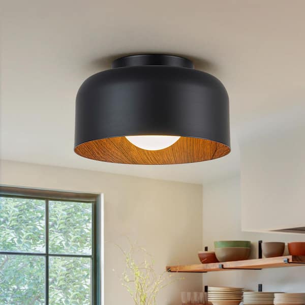 Nathan 8.7 in. 1-Light Farmhouse Black Flush Mount with Opal Glass Shade