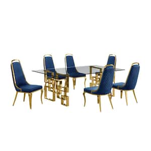 Dominga 7-Piece Glass Top 46" with Gold Stainless Steel Set with 6 Navy Blue Velvet Chairs.