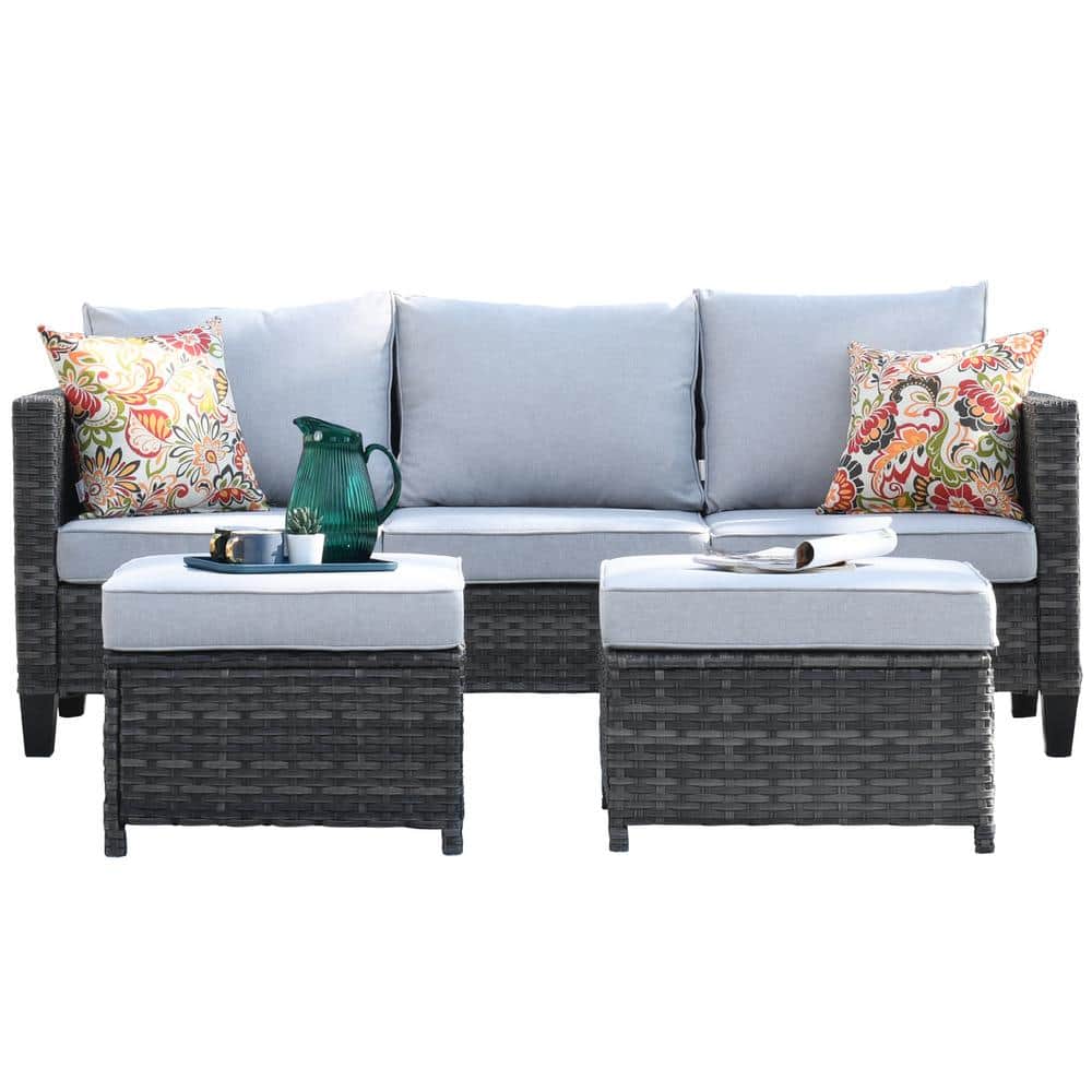 Gray Wicker Sectional Sofa Set with Swivel Rocking Chairs