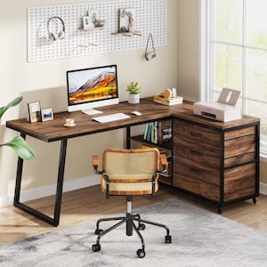 Capen 53 in. L-Shaped Brown Engineered Wood 3-Drawer Computer Desk Corner Office Desk with Storage Shelves