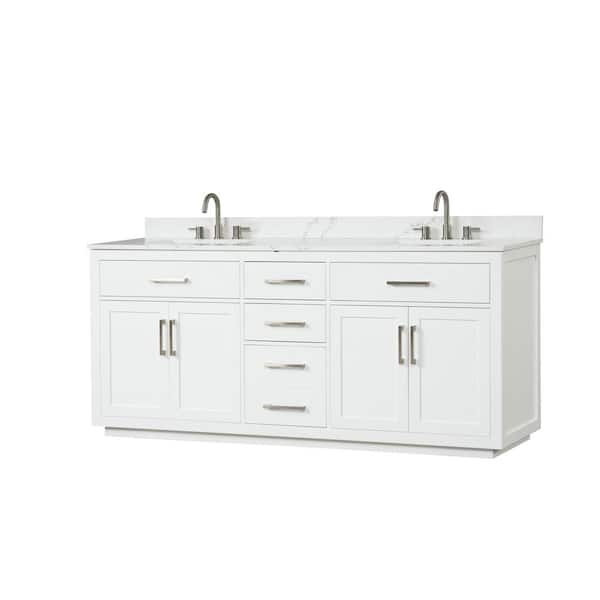 VANITYFUS Solid Wood 80 in. W. x 22 in. D x 40 in. H Double Sinks Bath Vanity in Matt White with Carrara White Qt.Top