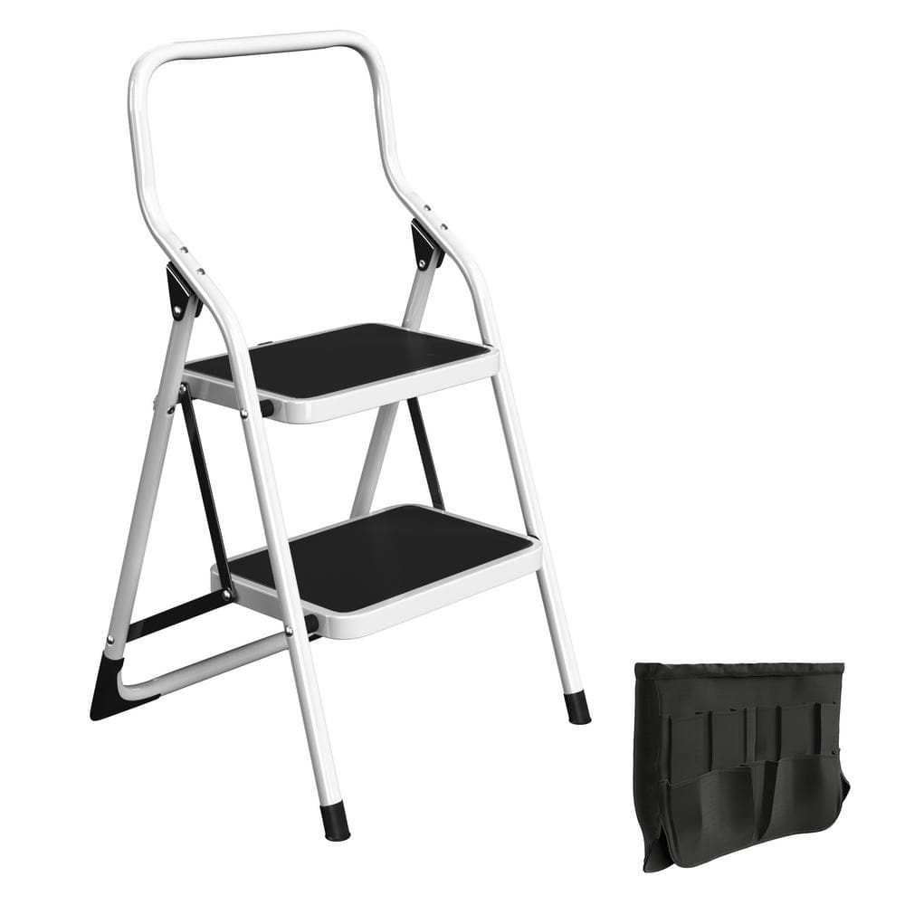 STALWART 2-Step Stool Folding Ladder with Handrails, Attachable Tool Bag, Non-Slip Feet, Steel Frame and 330 lbs. Weight Capacity (75-0001-S-STEP2)