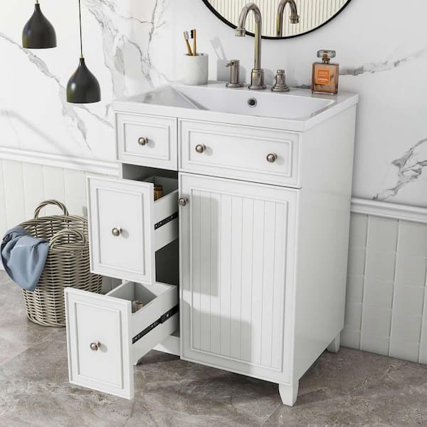 24 in. W x 18 in. D x 34.3 in. H Single Sink Bathroom Vanity in White with Resin Integrated Sink (2-Drawers, 1-Door)
