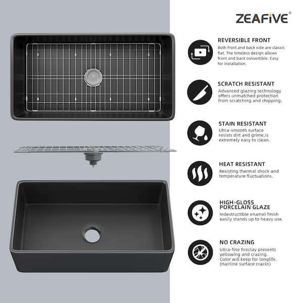 Zeafive 33 in. Fireclay Farmhouse Apron Front Single Bowl Kitchen Sink Matte  Black With Bottom Grid and Strainer ZFC3318-B2 - The Home Depot