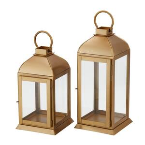 Classic Gold Metal Lantern Candle Holder - Hanging or Tabletop (Set of 2)