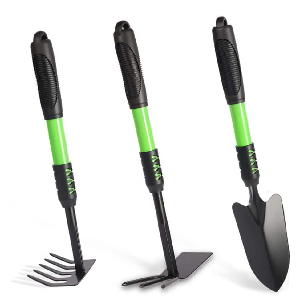 Heavy Duty Steel Garden Tool Set with Hand Shovel Dual Purpose Weed Tool and Rake Green Black, 3-Piece price history on PriceWatchPro